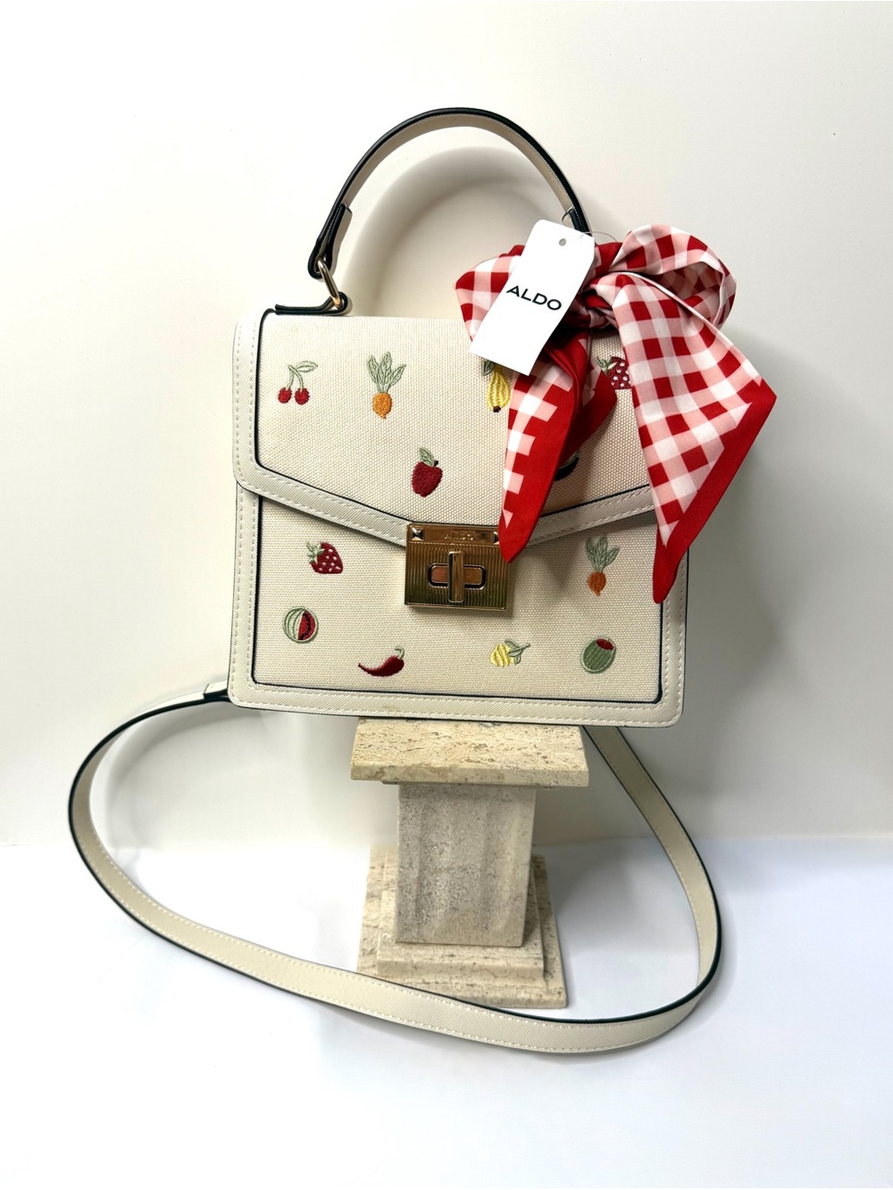 ALDO Red & Cream Fruit-Print Crossbody with Gingham Bow & Detachable Strap NWT